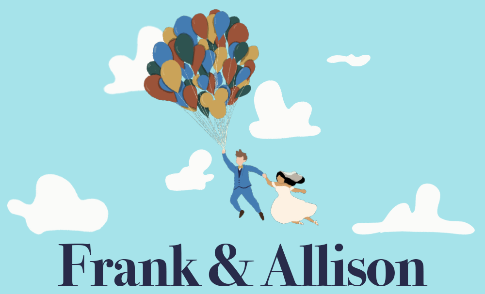 Banner of Frank and Allison flying with balloons